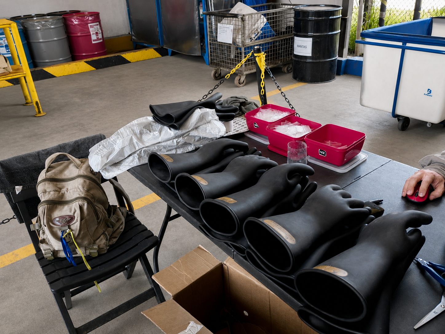 Luvas e equipamentos preparados para ensaio